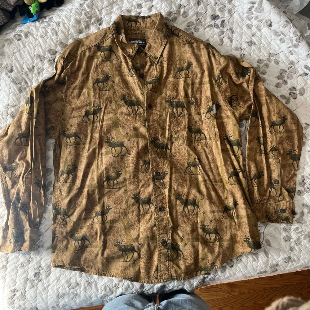 Woolrich Brown Elk Print Cotton Button Down Shirt